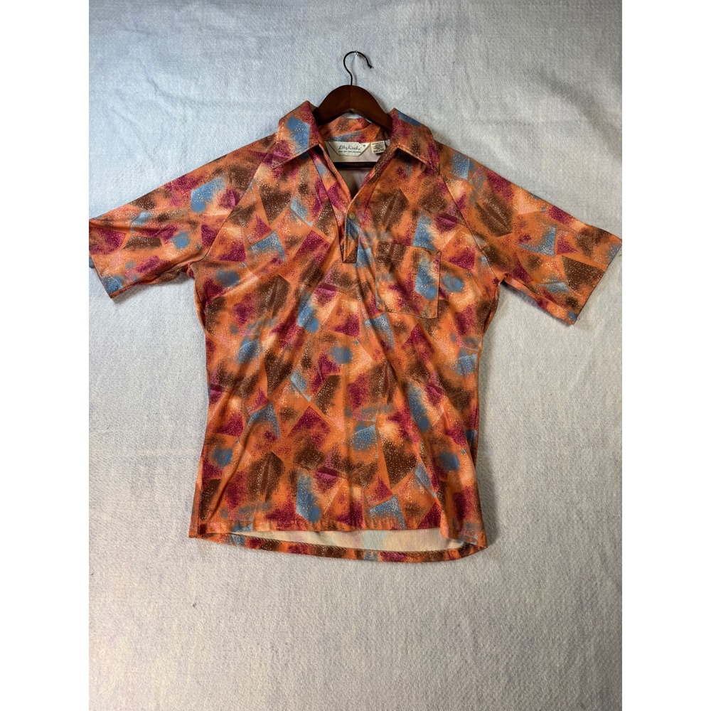 Vintage Lilly Dache Mens Orange Abstract Geometric Disco Polo Shirt Medium USA
